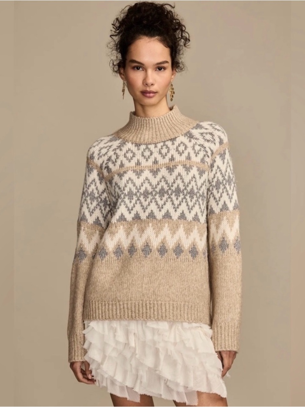 NWT Lucky Brand Fair Isle Mock Neck Sweater Tan Gray White XL boho cozy warm